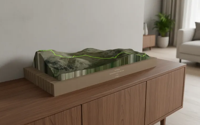 Modello 3D di un terreno di montagna su un mobile, fatto con TrailForge (immagine generata con AI)