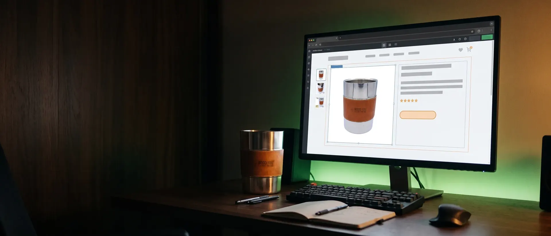 Scrivania di un e-commerce manager: il monitor mostra la scheda prodotto del secchiello portabottiglia Wood You e il secchiello vero accanto (immagine generata con AI)