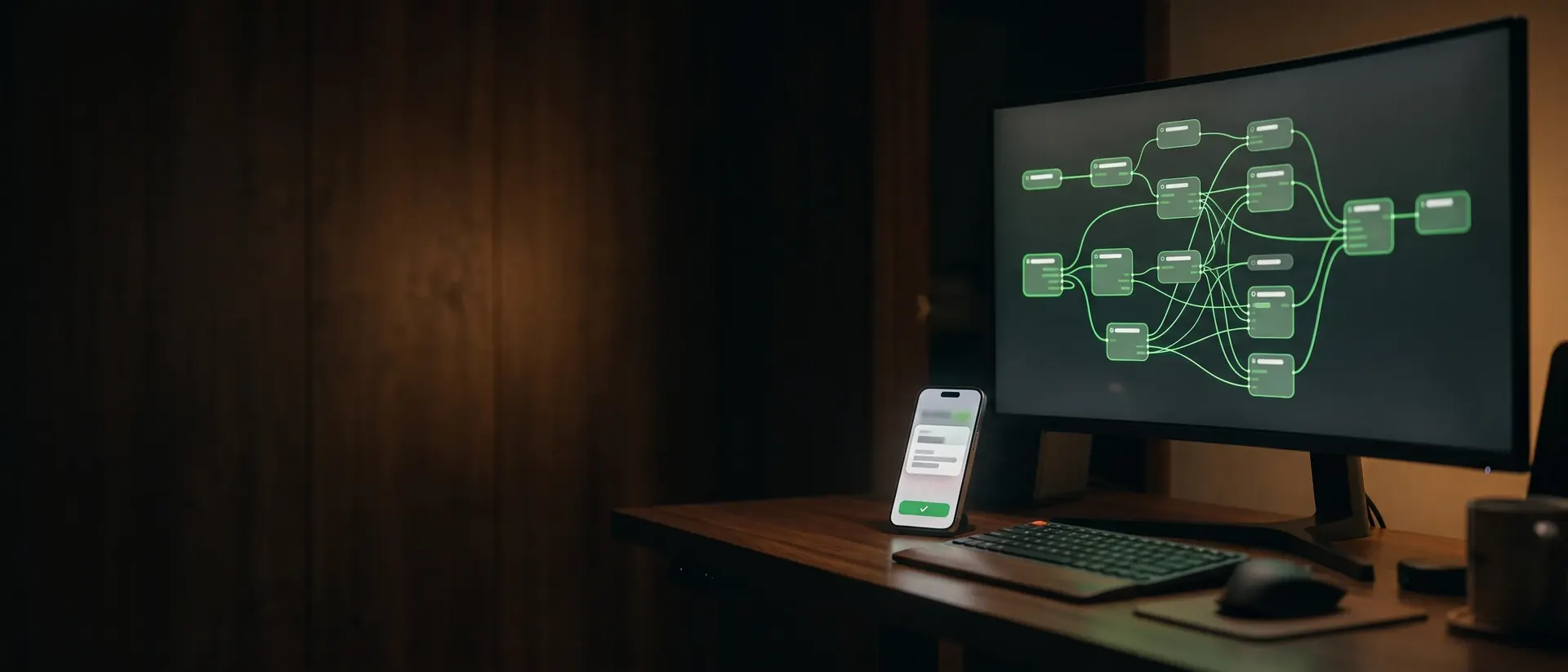 Monitor con un flusso di automazione a nodi verdi e smartphone con una richiesta di approvazione, in un ufficio in penombra (immagine generata con AI)