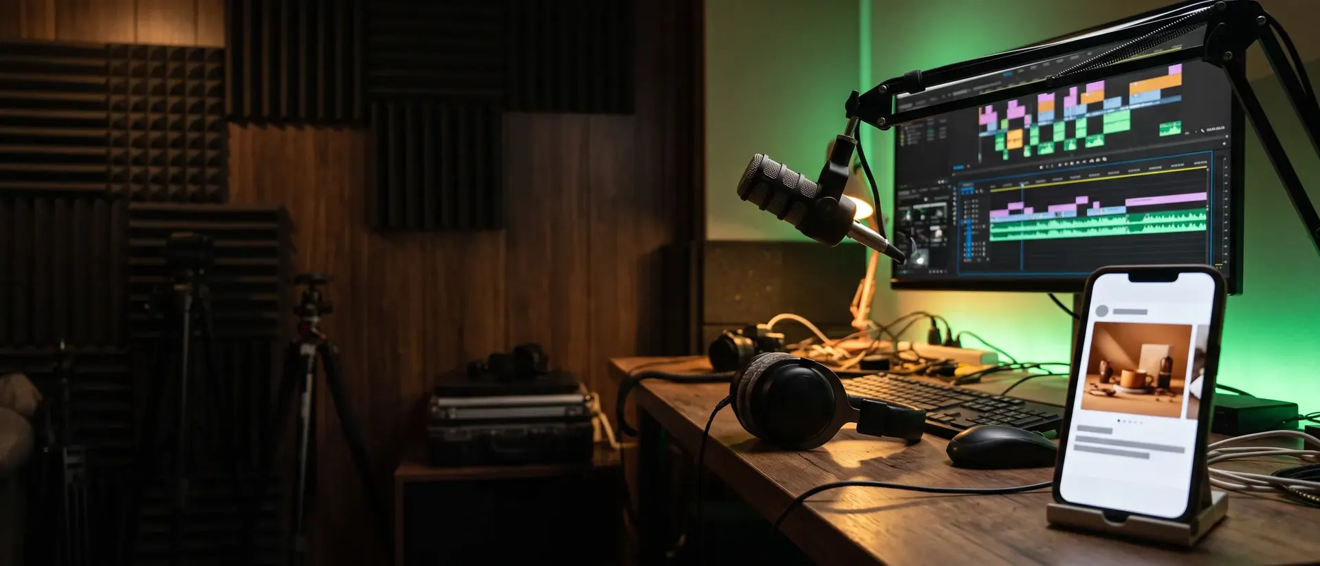Studio di contenuti con microfono da podcast, cuffie, monitor con la timeline di montaggio video e smartphone con un carosello social (immagine generata con AI)